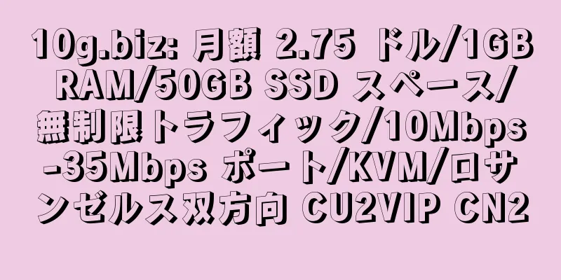 10g.biz: 月額 2.75 ドル/1GB RAM/50GB SSD スペース/無制限トラフィック/10Mbps-35Mbps ポート/KVM/ロサンゼルス双方向 CU2VIP CN2