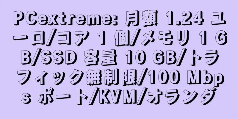 PCextreme: 月額 1.24 ユーロ/コア 1 個/メモリ 1 GB/SSD 容量 10 GB/トラフィック無制限/100 Mbps ポート/KVM/オランダ
