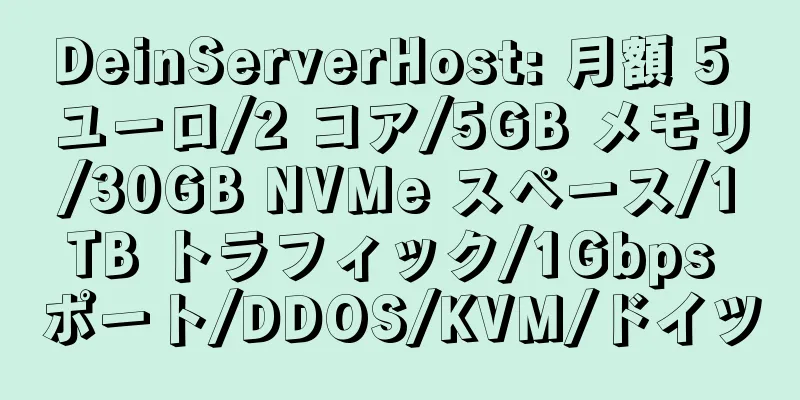 DeinServerHost: 月額 5 ユーロ/2 コア/5GB メモリ/30GB NVMe スペース/1TB トラフィック/1Gbps ポート/DDOS/KVM/ドイツ