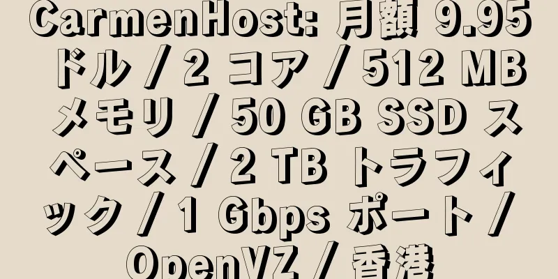 CarmenHost: 月額 9.95 ドル / 2 コア / 512 MB メモリ / 50 GB SSD スペース / 2 TB トラフィック / 1 Gbps ポート / OpenVZ / 香港