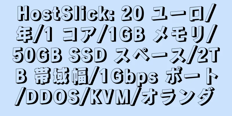 HostSlick: 20 ユーロ/年/1 コア/1GB メモリ/50GB SSD スペース/2TB 帯域幅/1Gbps ポート/DDOS/KVM/オランダ