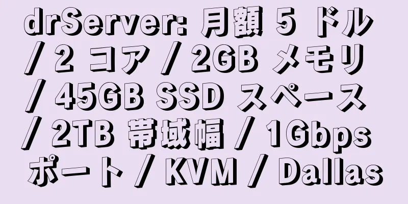 drServer: 月額 5 ドル / 2 コア / 2GB メモリ / 45GB SSD スペース / 2TB 帯域幅 / 1Gbps ポート / KVM / Dallas