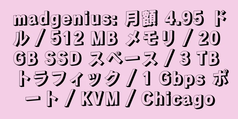 madgenius: 月額 4.95 ドル / 512 MB メモリ / 20 GB SSD スペース / 3 TB トラフィック / 1 Gbps ポート / KVM / Chicago
