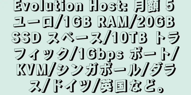Evolution Host: 月額 5 ユーロ/1GB RAM/20GB SSD スペース/10TB トラフィック/1Gbps ポート/KVM/シンガポール/ダラス/ドイツ/英国など。