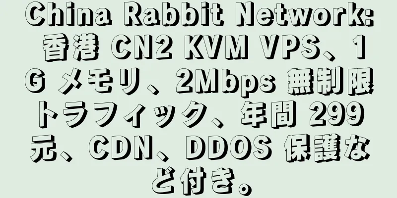 China Rabbit Network: 香港 CN2 KVM VPS、1G メモリ、2Mbps 無制限トラフィック、年間 299 元、CDN、DDOS 保護など付き。