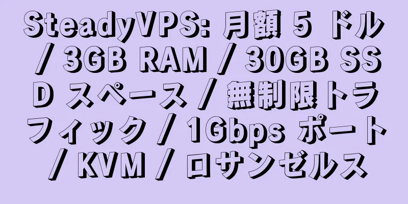 SteadyVPS: 月額 5 ドル / 3GB RAM / 30GB SSD スペース / 無制限トラフィック / 1Gbps ポート / KVM / ロサンゼルス