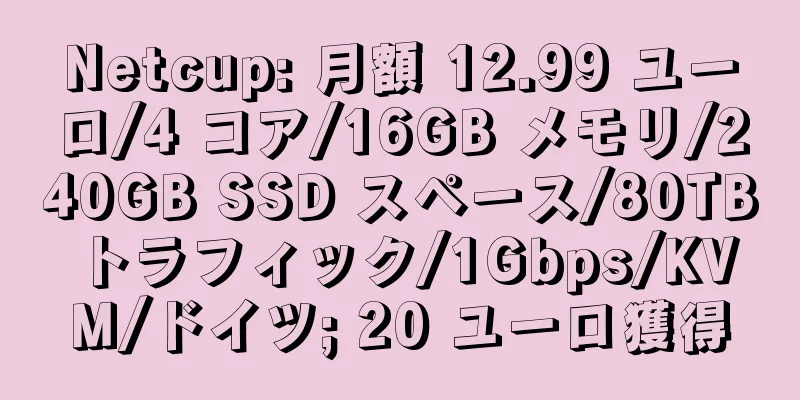 Netcup: 月額 12.99 ユーロ/4 コア/16GB メモリ/240GB SSD スペース/80TB トラフィック/1Gbps/KVM/ドイツ; 20 ユーロ獲得