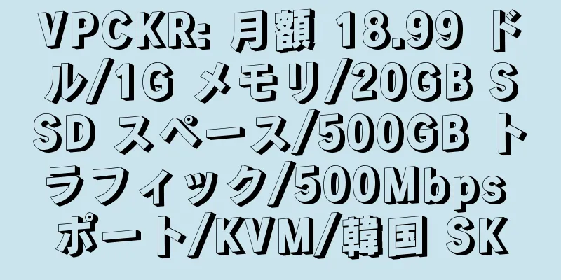 VPCKR: 月額 18.99 ドル/1G メモリ/20GB SSD スペース/500GB トラフィック/500Mbps ポート/KVM/韓国 SK