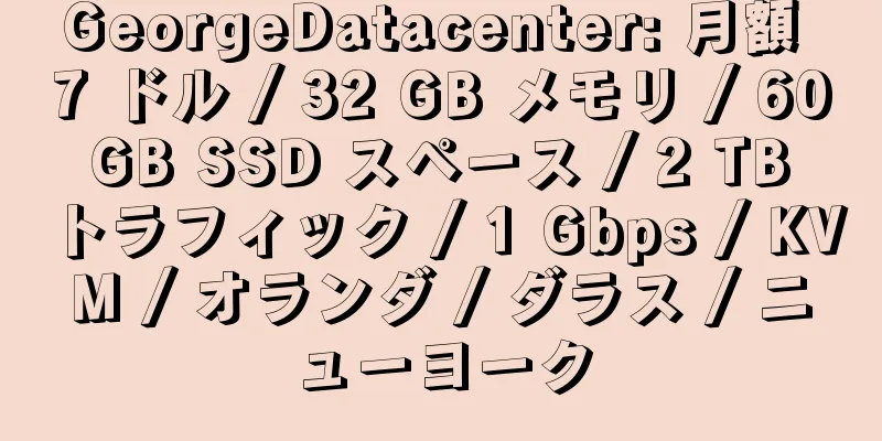 GeorgeDatacenter: 月額 7 ドル / 32 GB メモリ / 60 GB SSD スペース / 2 TB トラフィック / 1 Gbps / KVM / オランダ / ダラス / ニューヨーク