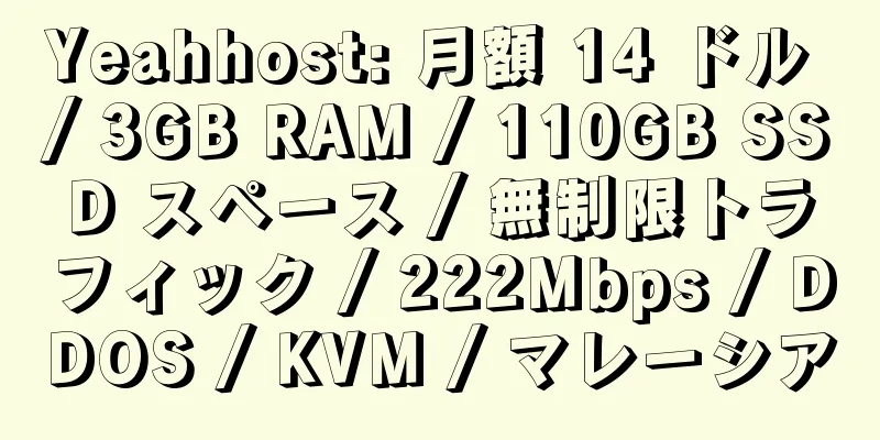 Yeahhost: 月額 14 ドル / 3GB RAM / 110GB SSD スペース / 無制限トラフィック / 222Mbps / DDOS / KVM / マレーシア