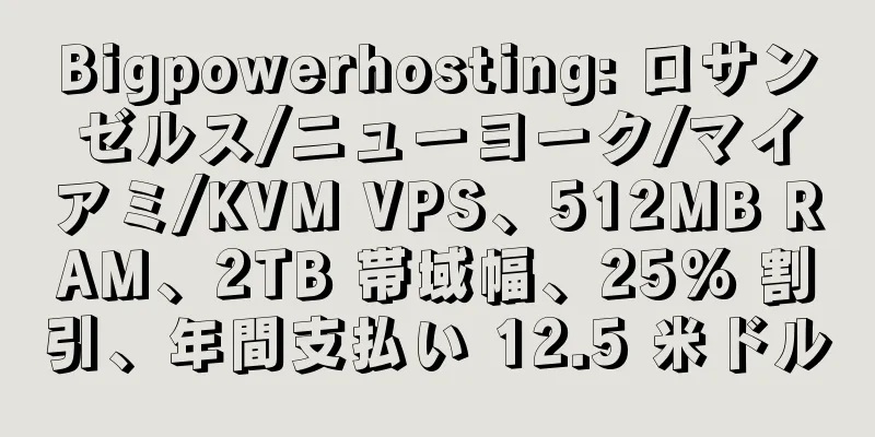 Bigpowerhosting: ロサンゼルス/ニューヨーク/マイアミ/KVM VPS、512MB RAM、2TB 帯域幅、25% 割引、年間支払い 12.5 米ドル