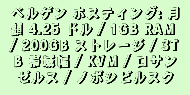 ベルゲン ホスティング: 月額 4.25 ドル / 1GB RAM / 200GB ストレージ / 3TB 帯域幅 / KVM / ロサンゼルス / ノボシビルスク
