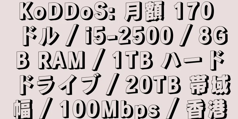 KoDDoS: 月額 170 ドル / i5-2500 / 8GB RAM / 1TB ハードドライブ / 20TB 帯域幅 / 100Mbps / 香港
