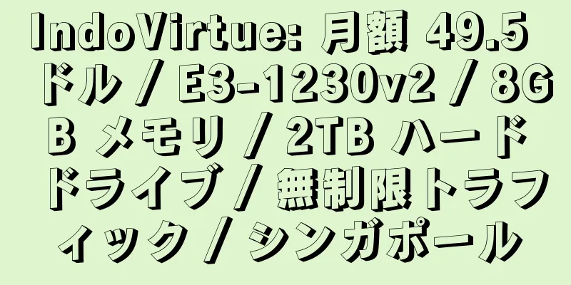 IndoVirtue: 月額 49.5 ドル / E3-1230v2 / 8GB メモリ / 2TB ハードドライブ / 無制限トラフィック / シンガポール
