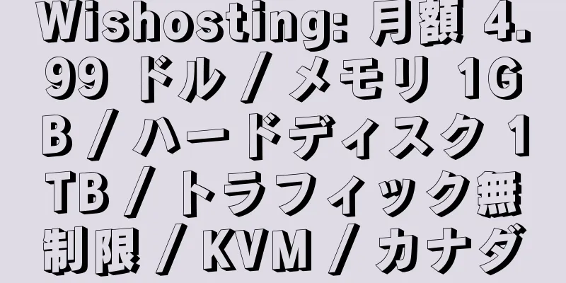 Wishosting: 月額 4.99 ドル / メモリ 1GB / ハードディスク 1TB / トラフィック無制限 / KVM / カナダ