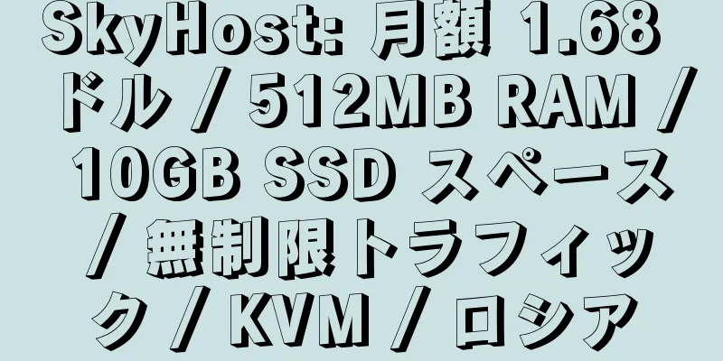 SkyHost: 月額 1.68 ドル / 512MB RAM / 10GB SSD スペース / 無制限トラフィック / KVM / ロシア
