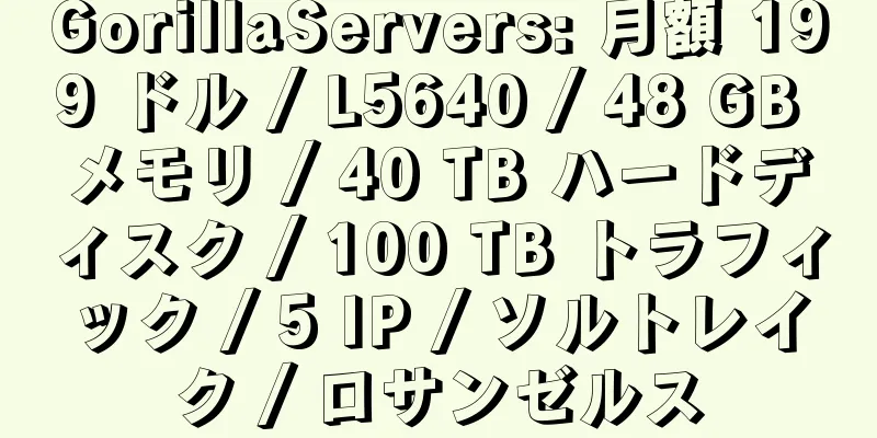 GorillaServers: 月額 199 ドル / L5640 / 48 GB メモリ / 40 TB ハードディスク / 100 TB トラフィック / 5 IP / ソルトレイク / ロサンゼルス