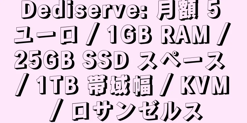 Dediserve: 月額 5 ユーロ / 1GB RAM / 25GB SSD スペース / 1TB 帯域幅 / KVM / ロサンゼルス
