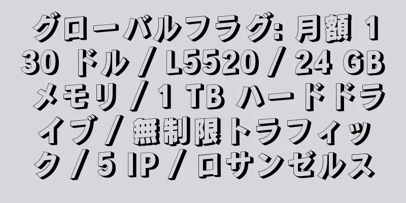 グローバルフラグ: 月額 130 ドル / L5520 / 24 GB メモリ / 1 TB ハードドライブ / 無制限トラフィック / 5 IP / ロサンゼルス
