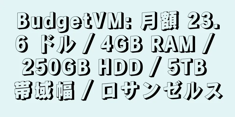 BudgetVM: 月額 23.6 ドル / 4GB RAM / 250GB HDD / 5TB 帯域幅 / ロサンゼルス
