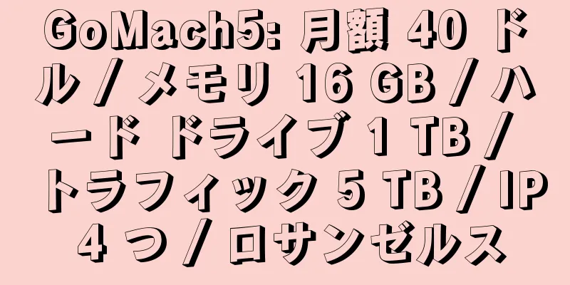 GoMach5: 月額 40 ドル / メモリ 16 GB / ハード ドライブ 1 TB / トラフィック 5 TB / IP 4 つ / ロサンゼルス