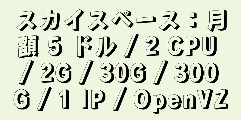 スカイスペース：月額 5 ドル / 2 CPU / 2G / 30G / 300G / 1 IP / OpenVZ