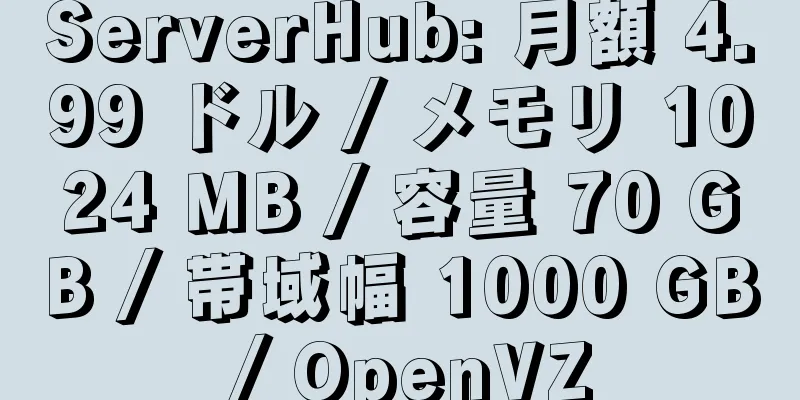 ServerHub: 月額 4.99 ドル / メモリ 1024 MB / 容量 70 GB / 帯域幅 1000 GB / OpenVZ
