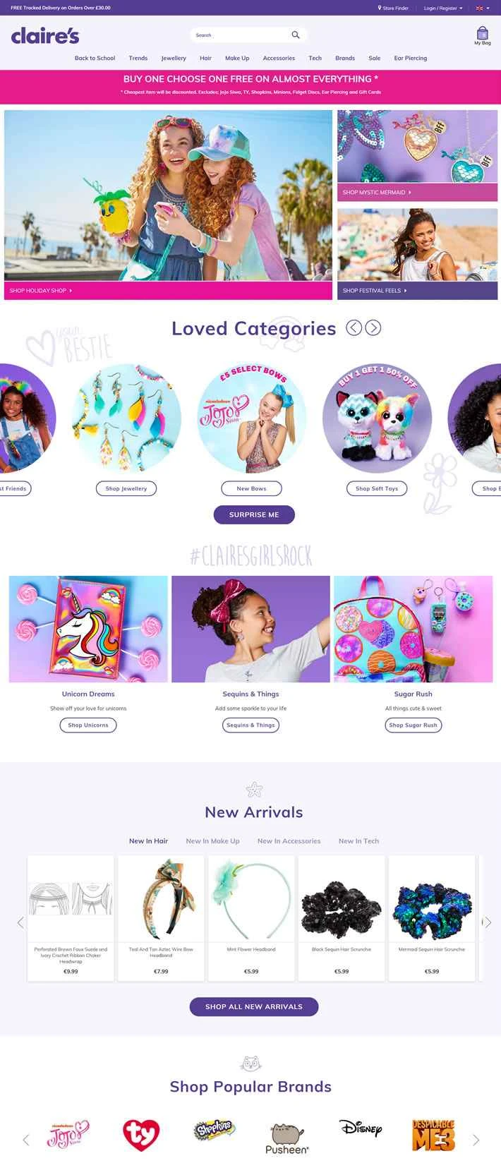 イギリスのオンラインファッションアクセサリーとヘアアクセサリーのショップ、Claire’s。