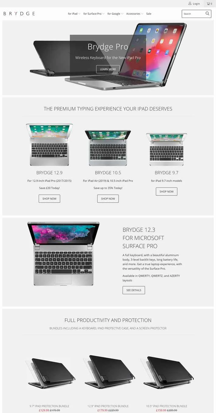 Brydge UK: Apple iPad および Microsoft Surface Pro 用 Bluetooth キーボード