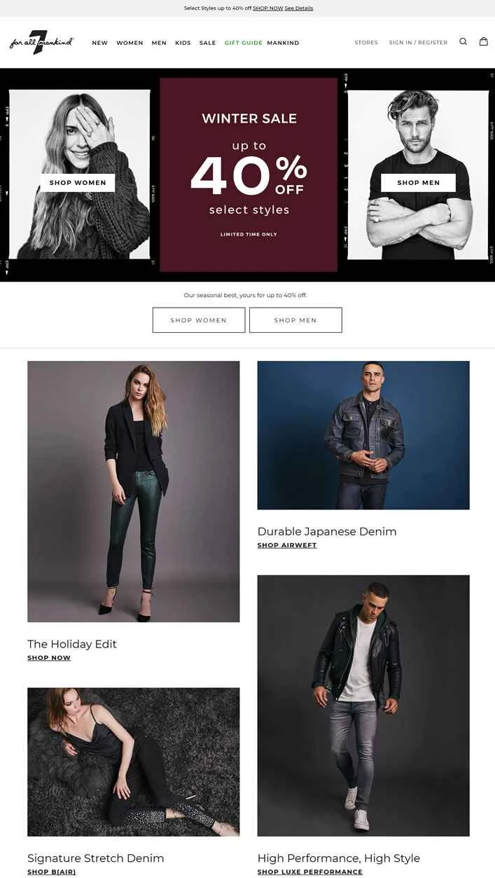 7 For All Mankind 公式サイト: 米国カリフォルニア州ロサンゼルスを拠点とする高級デニム衣料ブランド。