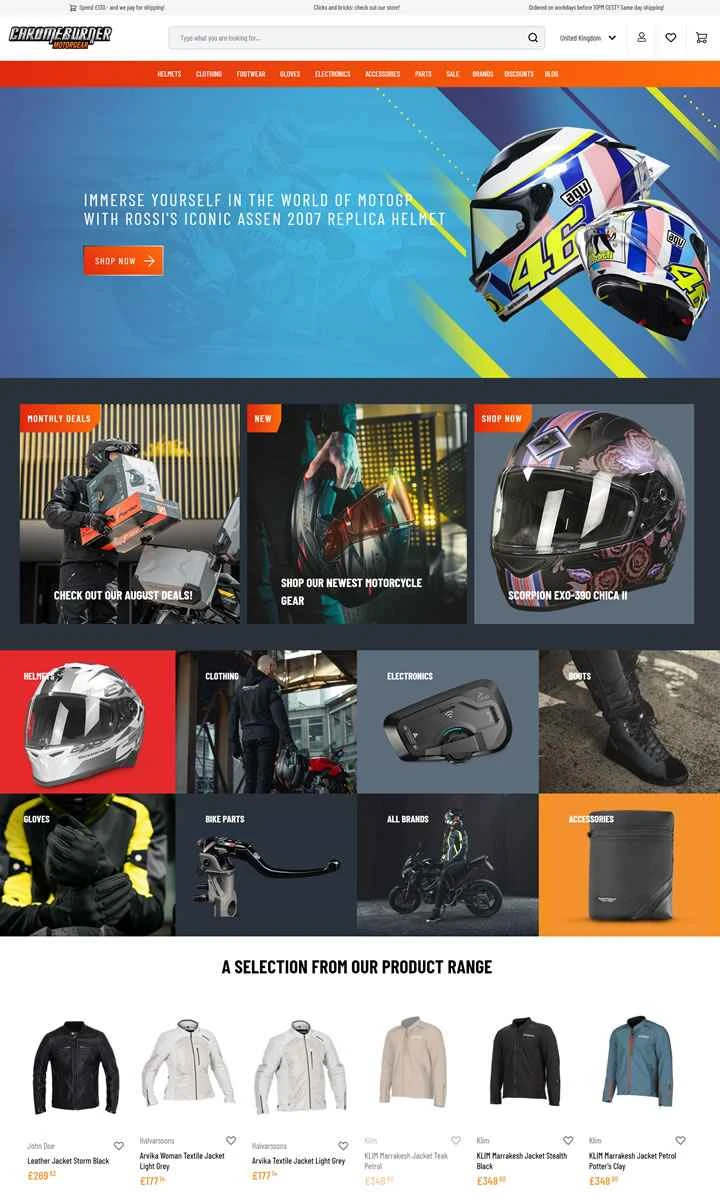 ChromeBurner UK: オランダ最大手のオートバイ用アパレル、ヘルメット、アクセサリーのオンライン小売業者。