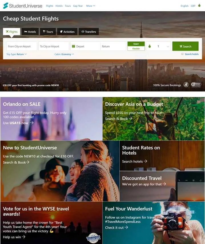 StudentUniverse UK: 学生向け航空券、ホテル、旅行
