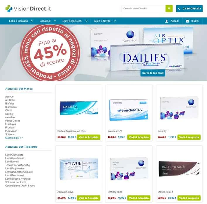 VisionDirect.it は、コンタクト レンズをオンラインで購入できるイタリアの Web サイトです。