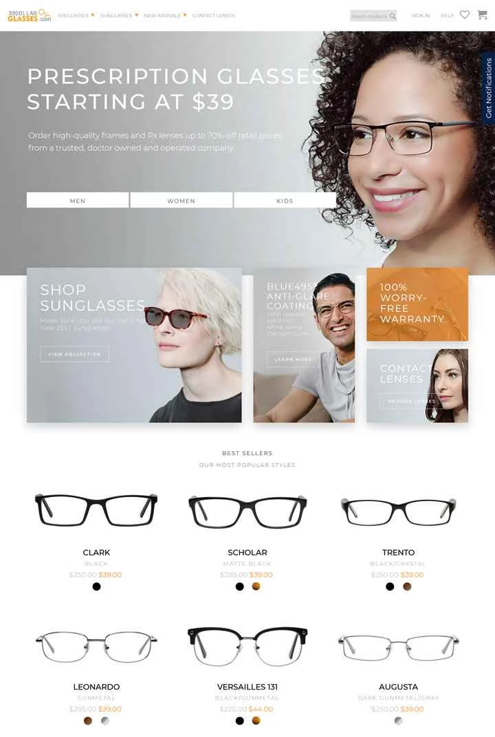 メガネやサングラスを39ドルで購入：39DollarGlasses.com