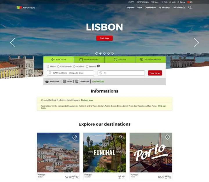 TAPエアポルトガル公式ウェブサイト：TAPエアポルトガル