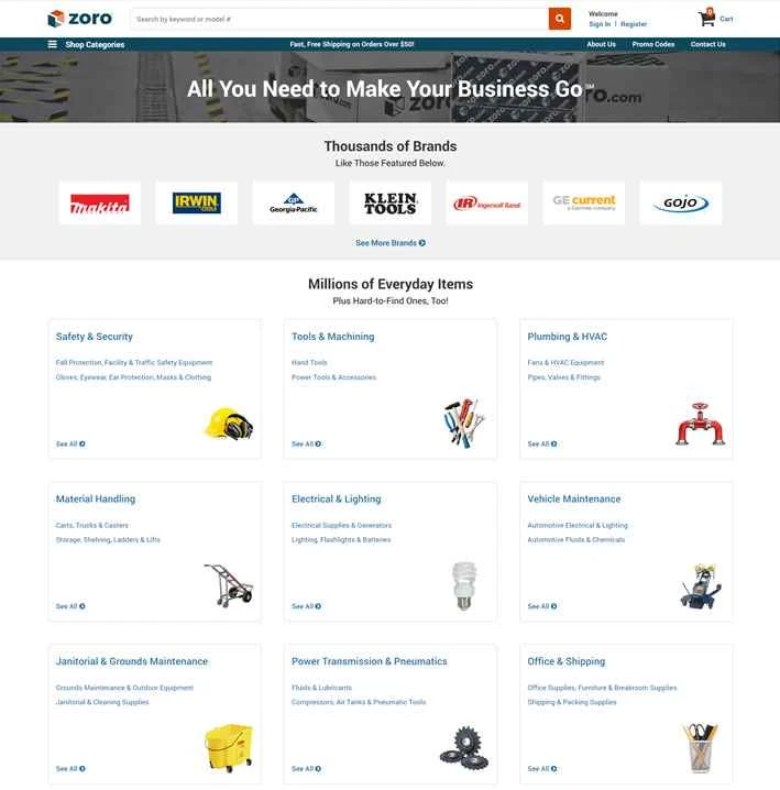 米国を拠点とする工業資材調達ウェブサイト、Zoro.com。