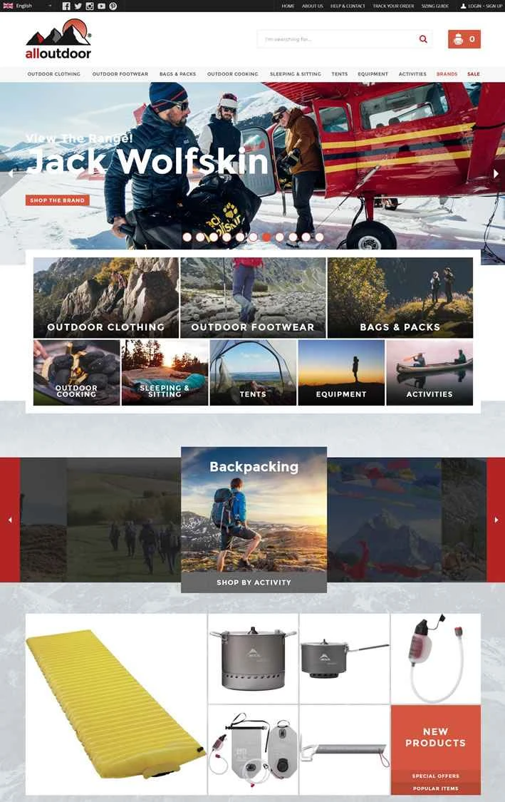 英国のアウトドア用品とアドベンチャーウェアの小売店：alloutdoor