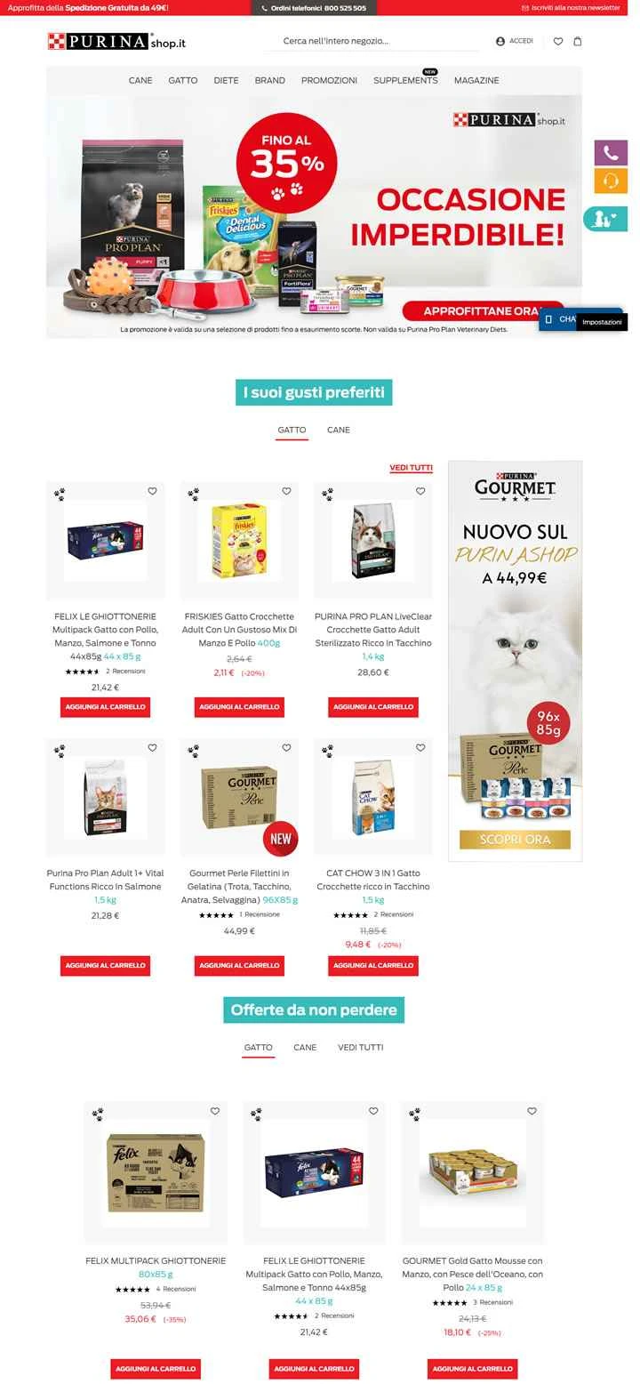 Purinashop.it は、イタリアの猫と犬の食品を扱うオンライン ストアです。