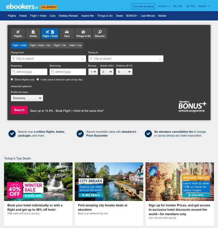 アイルランド旅行ウェブサイト: ebookers.ie