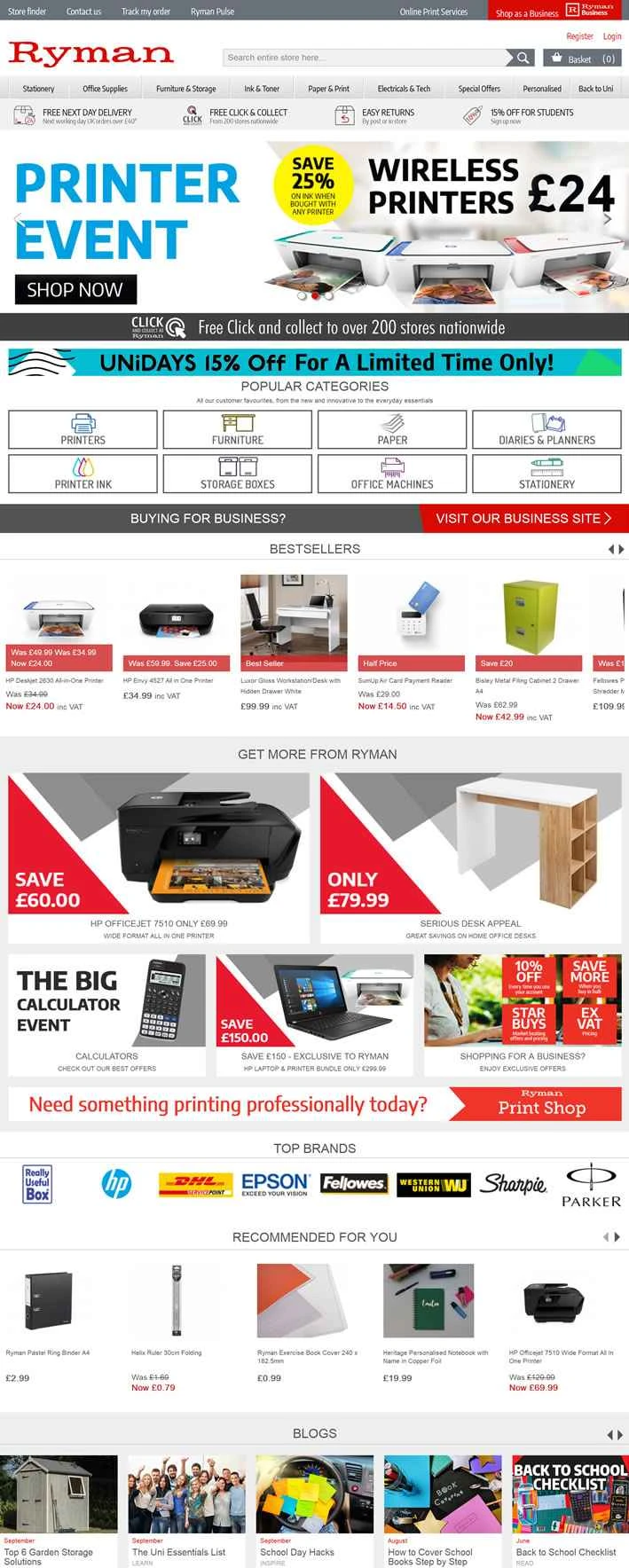 英国の文房具、事務用品、テクノロジーの店、Ryman。