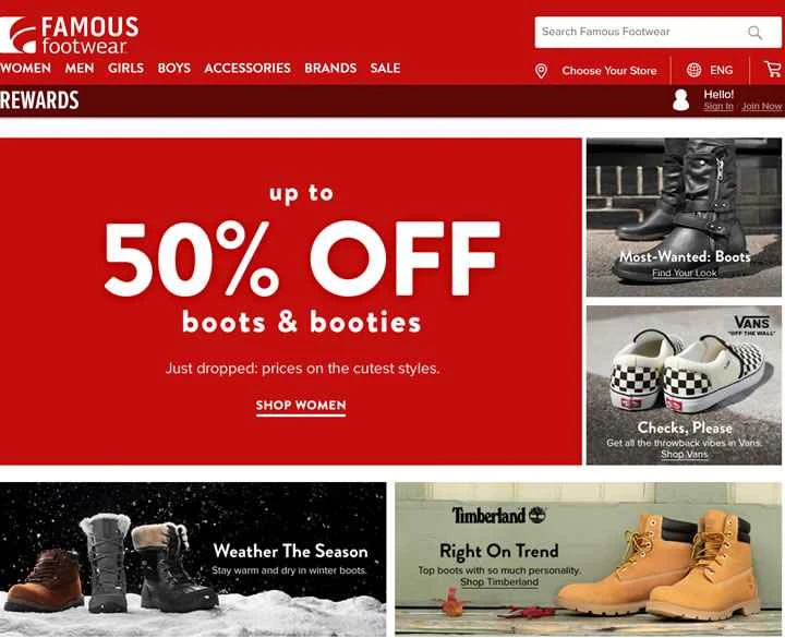 Famous Footwear Canada: 米国のマルチブランドのアスレチックシューズとカジュアルシューズを取り扱う店。