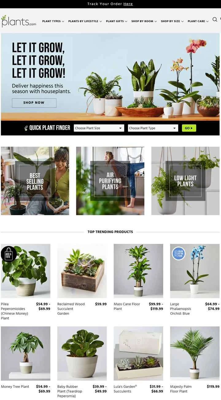 室内用の鉢植え植物を購入できるアメリカのウェブサイト：Plants.com