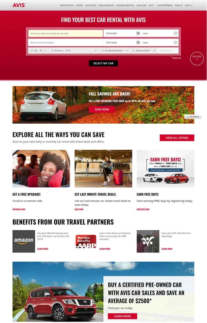 エイビスUSウェブサイト: 世界で最も有名なレンタカーブランドの一つ