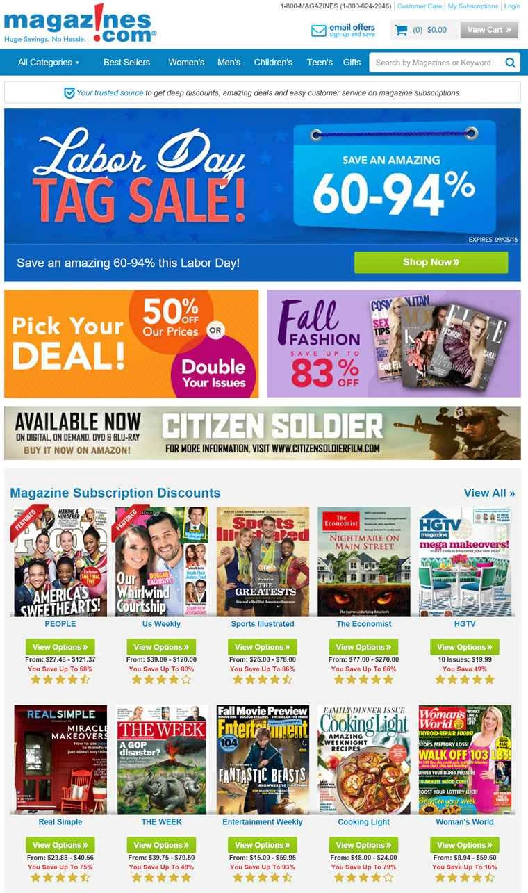 Magazines.com は、米国の雑誌定期購読の割引とお得情報を提供するウェブサイトです。