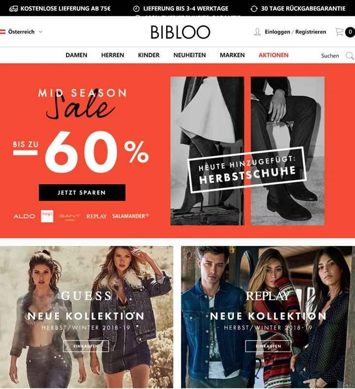 Bibloo Austria: 女性、男性、子供用の衣類、靴、アクセサリーを購入できます。