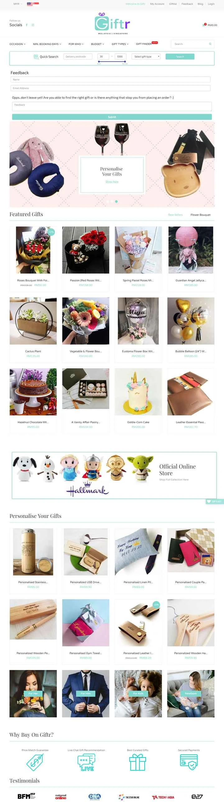 マレーシアの大手オンラインギフトショップ、Gifttr
