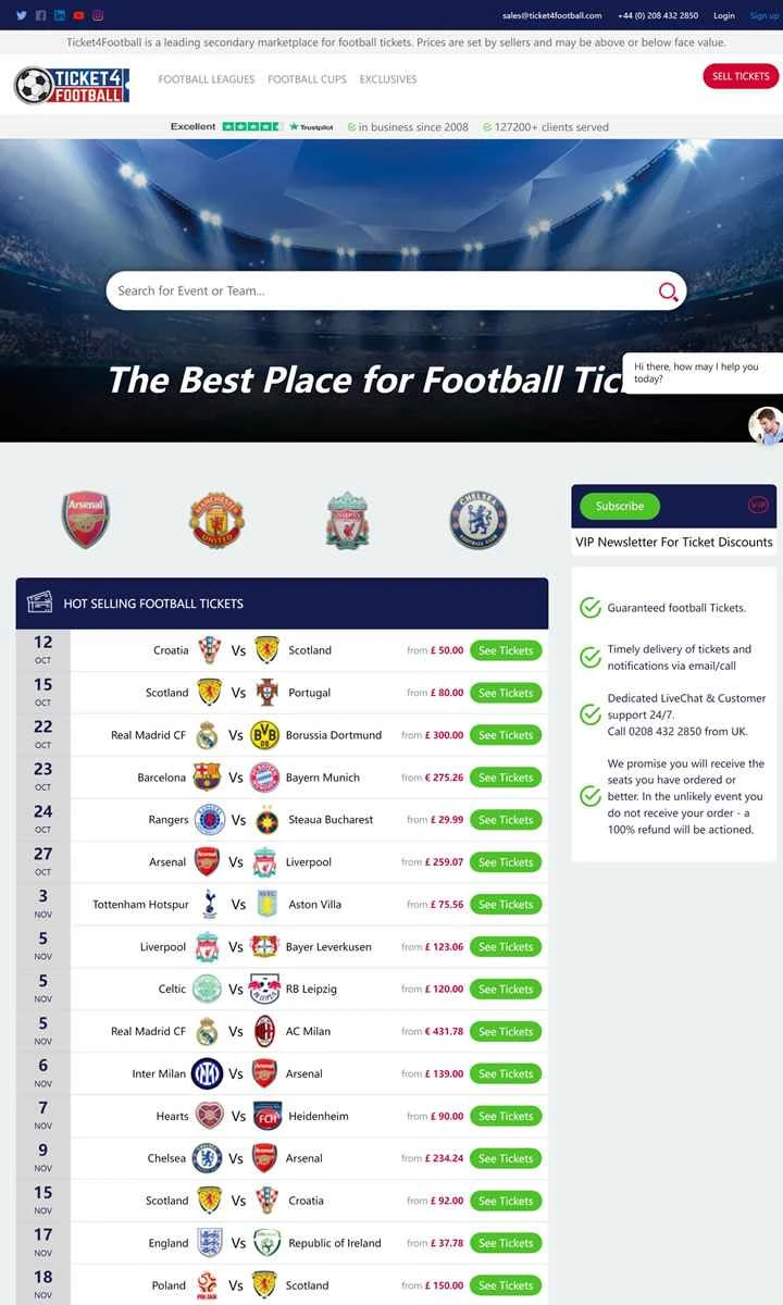 英国および世界中のすべての主要試合のサッカーチケットを販売中：Ticket4Football