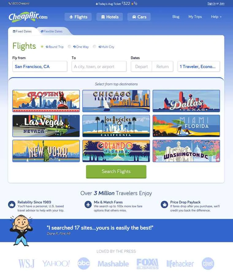 CheapAir は特許取得済みのアルゴリズムを使用して、最も安い航空券を検索します。
