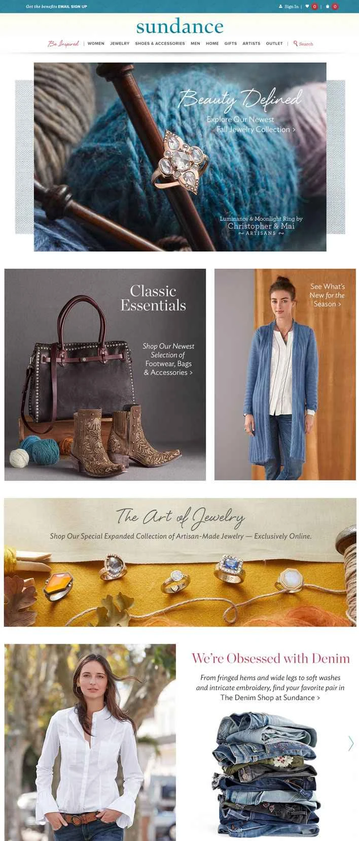 女性向けアパレルとユニークなジュエリー：サンダンスカタログ