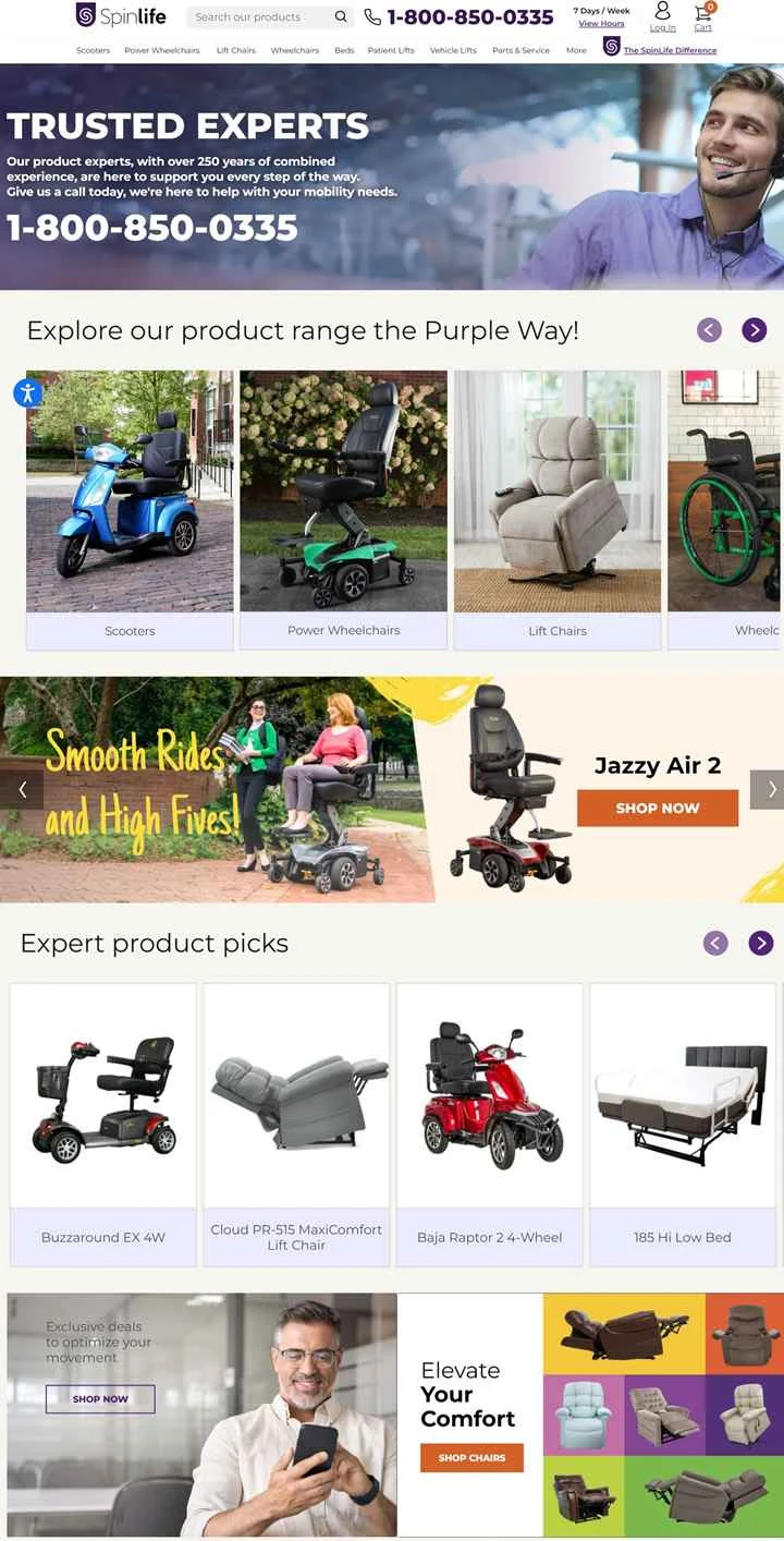 電動スクーター、電動車椅子、リフトなどを販売する米国のウェブサイト、SpinLife。
